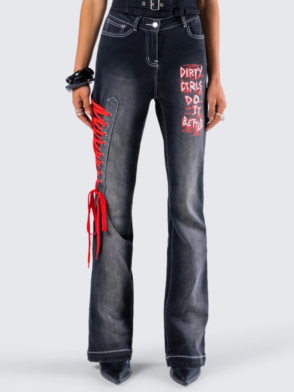 Finesse Salem Black Low Rise Flare Jeans Lace Up Dirty Girls Do It Better Small
